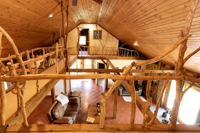 12926 Daisy Ln SW, Farwell, MN 56327 - stairs with lofted ceiling, tile patterned flooring, and wood ceiling