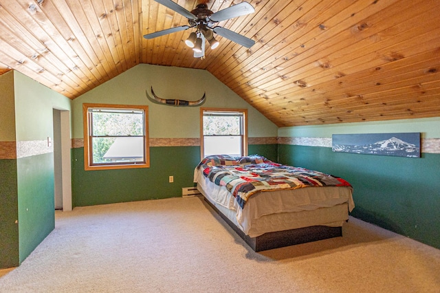 12926 Daisy Ln SW, Farwell, MN 56327 - bedroom featuring carpet floors, wooden ceiling, lofted ceiling, a baseboard heating unit, and a ceiling fan
