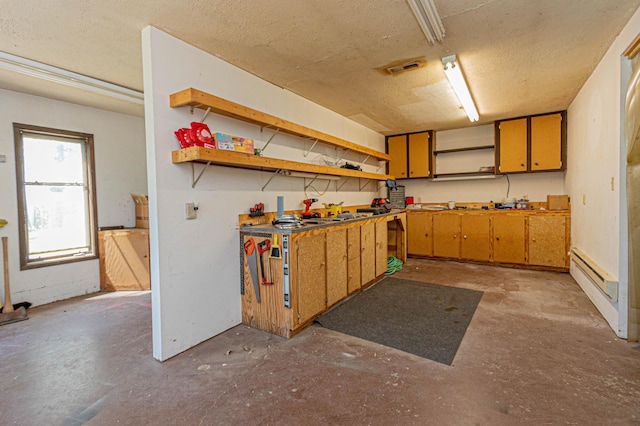 12926 Daisy Ln SW, Farwell, MN 56327 - kitchen with open shelves, unfinished concrete flooring, and a baseboard radiator
