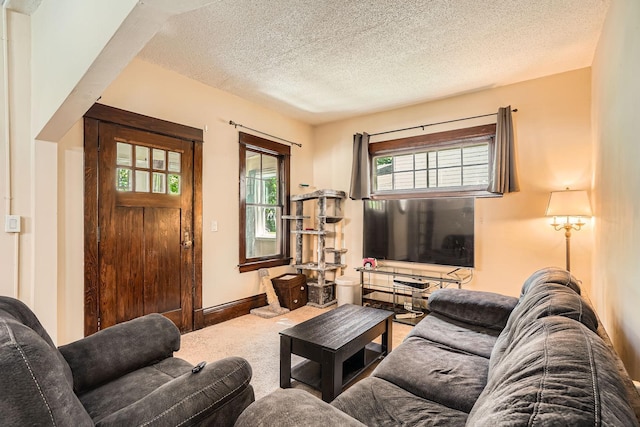 900 Charles Ave, Saint Paul, MN 55104 - living room with carpet floors, healthy amount of natural light, a textured ceiling, and baseboards