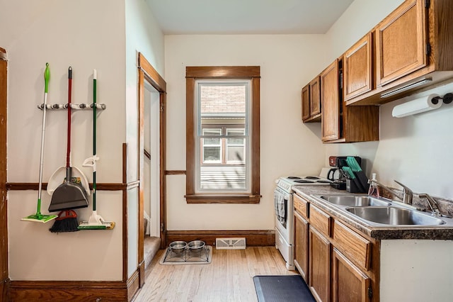 900 Charles Ave, Saint Paul, MN 55104 - kitchen with electric stove, a sink, brown cabinetry, light wood finished floors, and baseboards