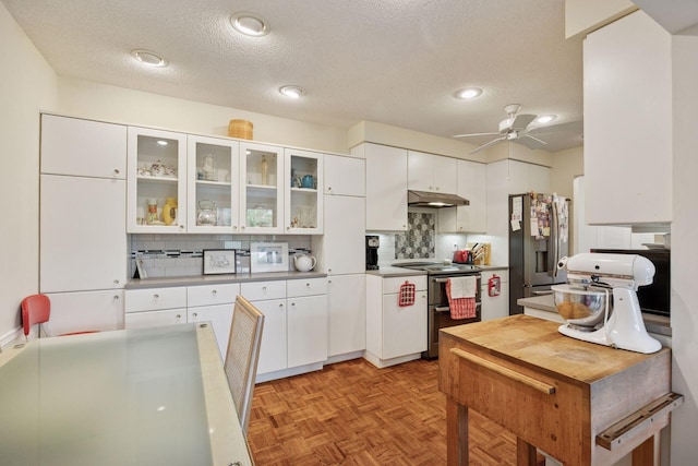 4360 Brookside Ct Unit 305, Edina, MN 55436 - kitchen featuring stainless steel appliances, under cabinet range hood, decorative backsplash, white cabinets, and a textured ceiling