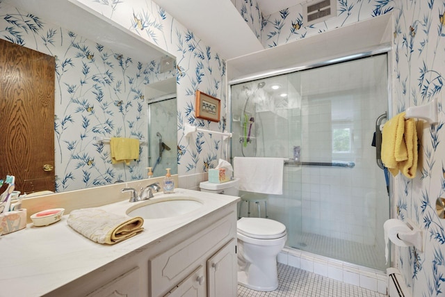 4360 Brookside Ct Unit 305, Edina, MN 55436 - full bath featuring wallpapered walls, vanity, a stall shower, tile patterned flooring, and baseboard heating