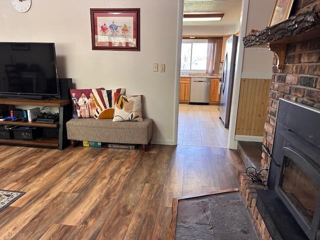 22 Cottonwood Ct, Babbitt, MN 55706 - living room featuring a wood stove, light wood-style floors, and a wainscoted wall
