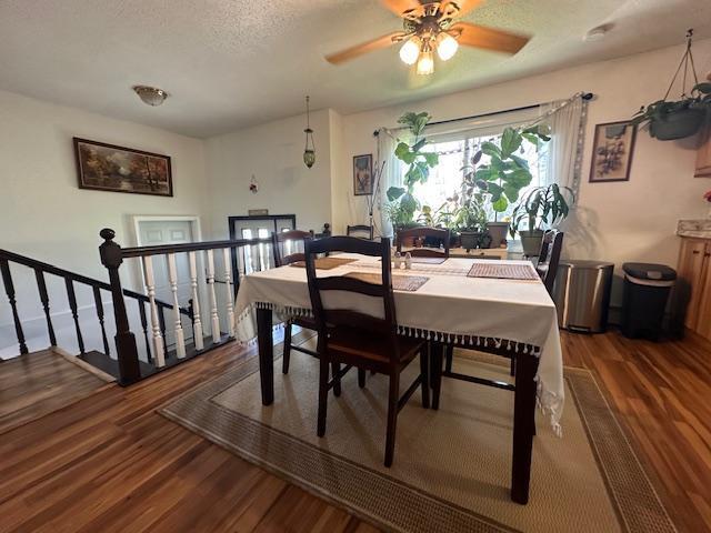 22 Cottonwood Ct, Babbitt, MN 55706 - dining space with wood finished floors, a ceiling fan, and a textured ceiling