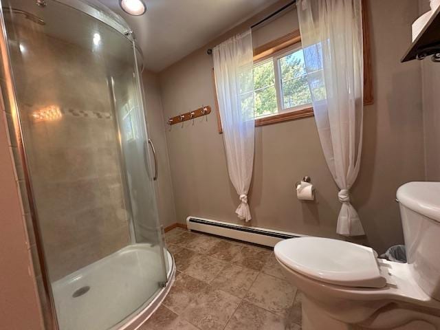22 Cottonwood Ct, Babbitt, MN 55706 - full bath with toilet, baseboard heating, a shower stall, and baseboards