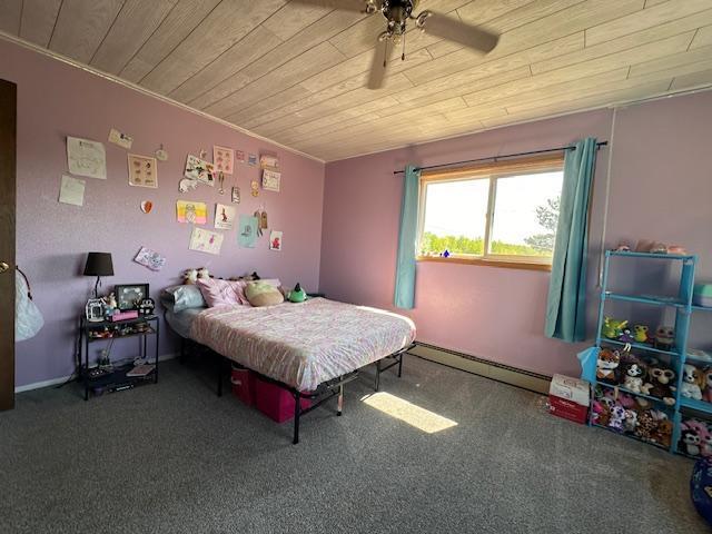 22 Cottonwood Ct, Babbitt, MN 55706 - carpeted bedroom with a baseboard radiator, wood ceiling, ceiling fan, and ornamental molding