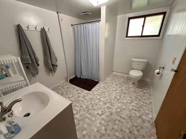 22 Cottonwood Ct, Babbitt, MN 55706 - bathroom featuring toilet, a shower with curtain, vanity, and baseboards