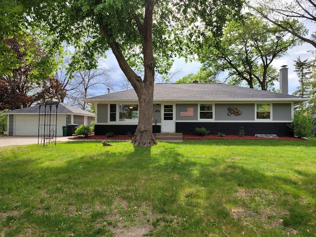 4989 Turtle Ln W, Shoreview, MN 55126 - single story home featuring a chimney, a garage, a front lawn, and an outbuilding