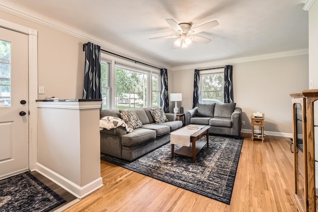 4989 Turtle Ln W, Shoreview, MN 55126 - living room featuring light wood finished floors, ceiling fan, crown molding, and baseboards