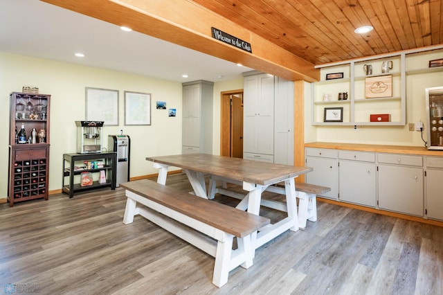 41780 Kansas Point Ln, Pelican Rapids, MN 56572 - dining space with light wood-style flooring, recessed lighting, baseboards, and wood ceiling