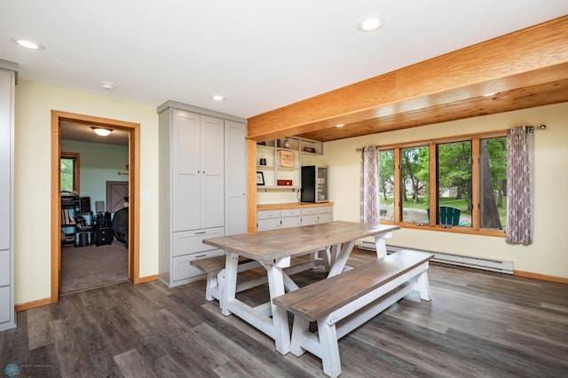 41780 Kansas Point Ln, Pelican Rapids, MN 56572 - dining area featuring a baseboard heating unit, dark wood-style floors, recessed lighting, and baseboards