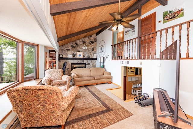 41780 Kansas Point Ln, Pelican Rapids, MN 56572 - living room featuring carpet flooring, a fireplace, wood ceiling, and a ceiling fan