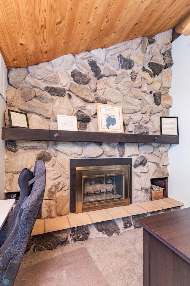 41780 Kansas Point Ln, Pelican Rapids, MN 56572 - detailed view of a stone fireplace and wooden ceiling