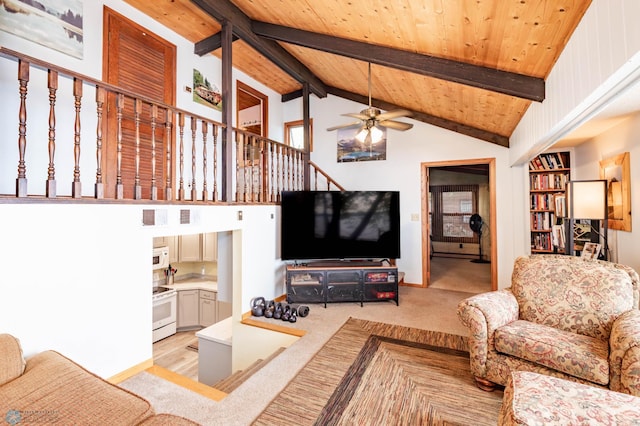 41780 Kansas Point Ln, Pelican Rapids, MN 56572 - living room with a ceiling fan, light carpet, wood ceiling, stairs, and baseboards