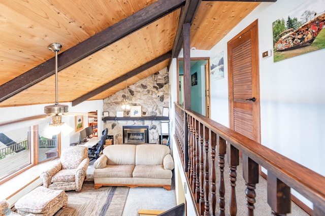 41780 Kansas Point Ln, Pelican Rapids, MN 56572 - living area featuring wooden ceiling, a fireplace, and ceiling fan