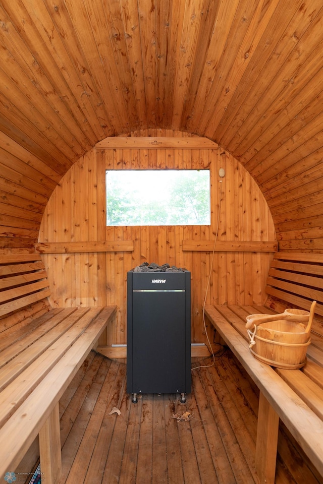 41780 Kansas Point Ln, Pelican Rapids, MN 56572 - relaxing sauna with wooden walls, hardwood / wood-style flooring, and wood ceiling