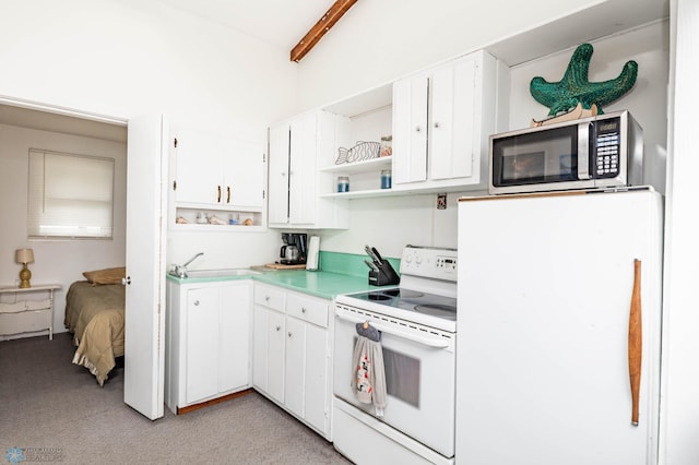41780 Kansas Point Ln, Pelican Rapids, MN 56572 - kitchen featuring white appliances, open shelves, a sink, white cabinetry, and light countertops