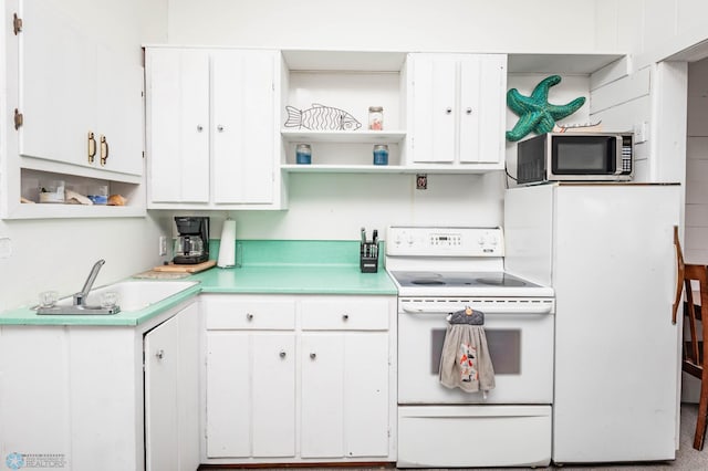41780 Kansas Point Ln, Pelican Rapids, MN 56572 - kitchen with white appliances, open shelves, and white cabinets