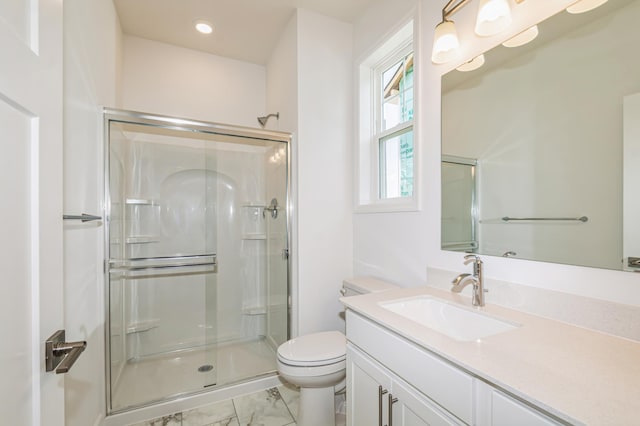 6743 Tamarack Ln, Corcoran, MN 55340 - full bathroom featuring marble look tiles, a shower stall, toilet, vanity, and recessed lighting