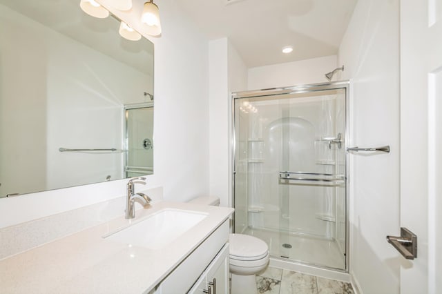 6743 Tamarack Ln, Corcoran, MN 55340 - full bathroom featuring a shower stall, toilet, marble look tiles, vanity, and recessed lighting