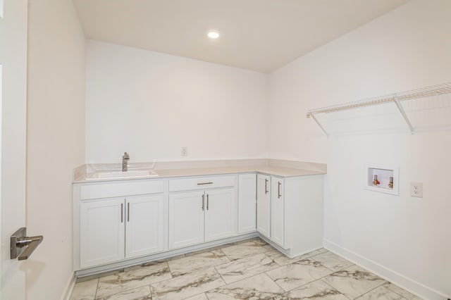 6743 Tamarack Ln, Corcoran, MN 55340 - washroom featuring hookup for a washing machine, light marble finish floors, baseboards, cabinet space, and recessed lighting