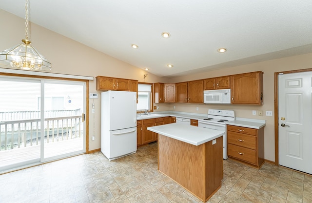 2225 Fisher Ct NW, Rochester, MN 55901 - kitchen featuring white appliances, light countertops, brown cabinets, lofted ceiling, and recessed lighting
