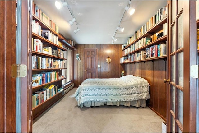 20907 Erickson Ln, Trade Lake, WI 54840 - carpeted bedroom featuring rail lighting and wooden walls