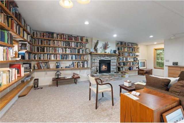 20907 Erickson Ln, Trade Lake, WI 54840 - living area featuring wall of books, carpet, recessed lighting, and a stone fireplace