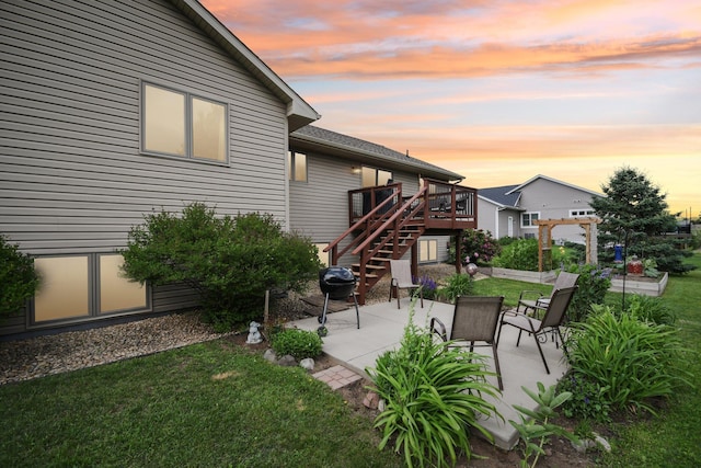 106 Prairie Grass Dr, Osceola, WI 54020 - view of patio featuring stairs, a wooden deck, and a pergola