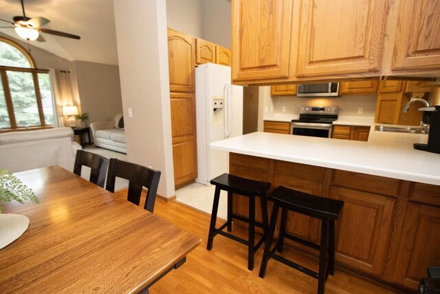 2109 Haughton Ave, North Mankato, MN 56003 - kitchen with appliances with stainless steel finishes, a sink, a peninsula, light wood-style flooring, and ceiling fan
