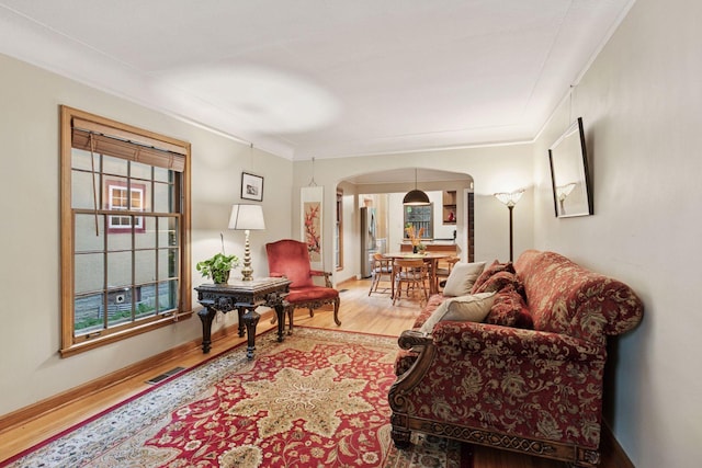 3527 Queen Ave N, Minneapolis, MN 55412 - living room with arched walkways, wood finished floors, plenty of natural light, and crown molding