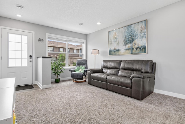 7243 Fall Dr, Lino Lakes, MN 55038 - living area with carpet floors, recessed lighting, and a textured ceiling