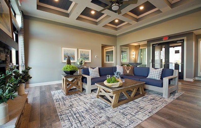 11444 Fieldstone Dr, Rogers, MN 55311 - building lobby featuring beamed ceiling, coffered ceiling, ornamental molding, a high ceiling, and recessed lighting