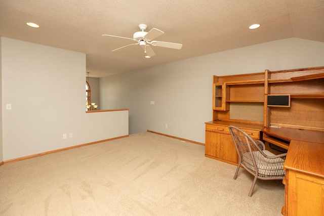 2804 Viola Heights Dr NE, Rochester, MN 55906 - unfurnished office with light colored carpet, recessed lighting, a ceiling fan, baseboards, and a textured ceiling