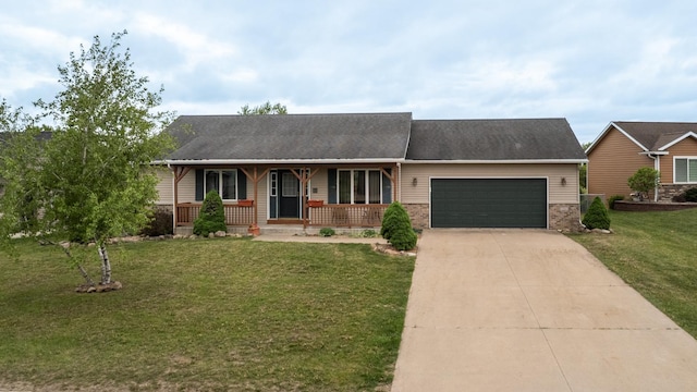 1364 Lone Stone Ct SE, Chatfield, MN 55923 - view of front facade with a garage, covered porch, concrete driveway, a front yard, and brick siding