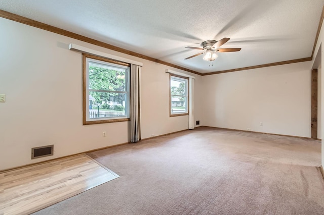 spare room with a ceiling fan, light colored carpet, ornamental molding, baseboards, and a textured ceiling