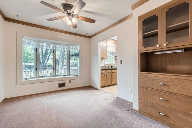 spare room with crown molding, light carpet, a ceiling fan, baseboards, and a textured ceiling