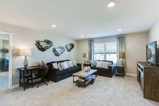 890 Laurel Ct, Chaska, MN 55318 - living room with carpet, recessed lighting, a textured ceiling, a desk, and baseboards