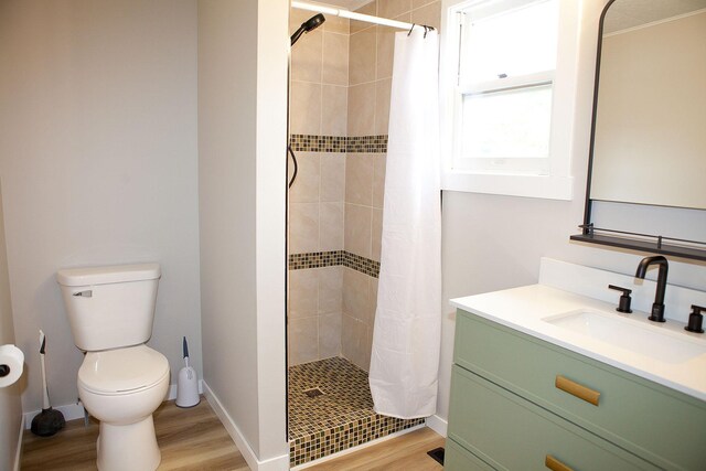 213 Lake Ave, Detroit Lakes, MN 56501 - full bathroom featuring toilet, vanity, a shower stall, and wood finished floors