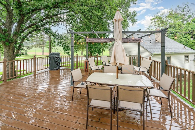 5805 Sunrise Dr, Minneapolis, MN 55419 - wooden deck featuring outdoor dining area, grilling area, and a pergola