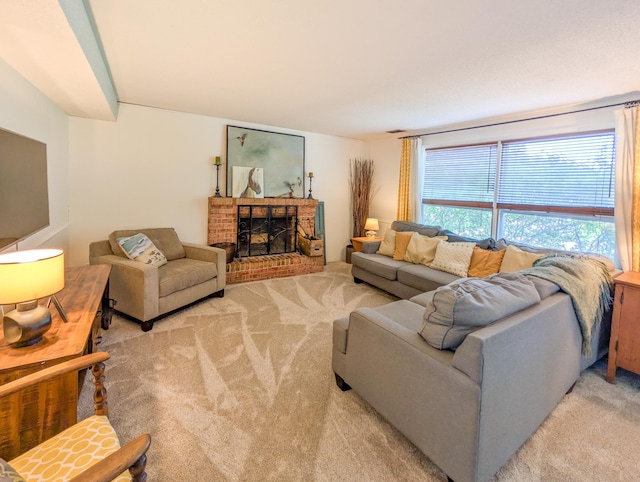 3466 Yukon Ave N, New Hope, MN 55427 - living area featuring light carpet and a brick fireplace