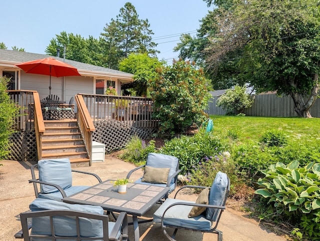 3466 Yukon Ave N, New Hope, MN 55427 - fenced backyard featuring a deck, outdoor dining space, a patio, and stairway