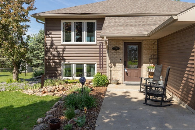 420 Cedar Ct NE, Pine Island, MN 55963 - view of exterior entry with a shingled roof and a lawn