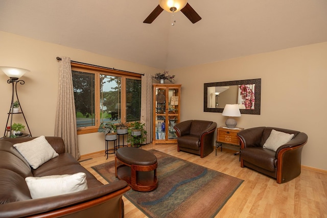 420 Cedar Ct NE, Pine Island, MN 55963 - living room with ceiling fan, light wood-style floors, vaulted ceiling, and baseboards