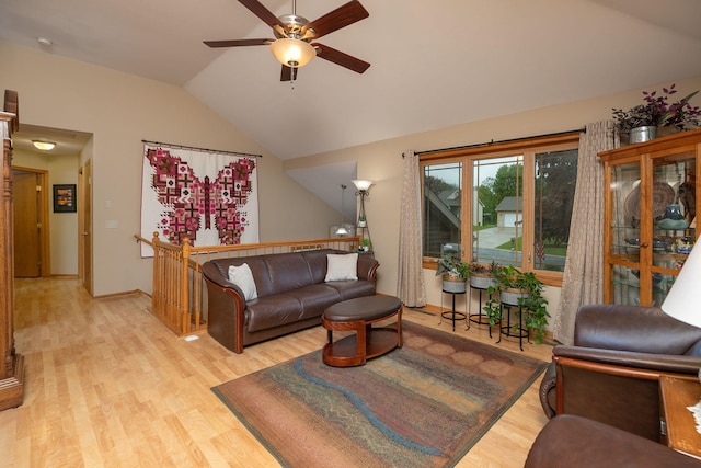 420 Cedar Ct NE, Pine Island, MN 55963 - living room featuring vaulted ceiling, light wood-style floors, and ceiling fan