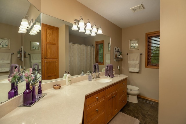 420 Cedar Ct NE, Pine Island, MN 55963 - bathroom featuring toilet, vanity, a chandelier, and baseboards