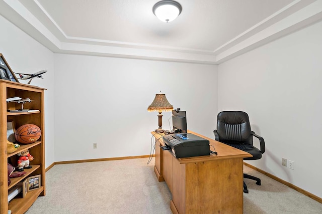 13545 Glasgow Ln, Apple Valley, MN 55124 - office area featuring a raised ceiling, light carpet, and baseboards