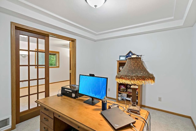 13545 Glasgow Ln, Apple Valley, MN 55124 - carpeted home office featuring a raised ceiling and baseboards