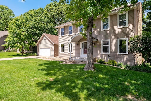 13545 Glasgow Ln, Apple Valley, MN 55124 - colonial-style house with a front lawn, driveway, a garage, and a chimney